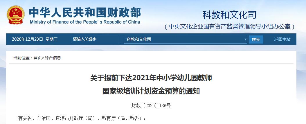 幼儿园教师国家级培训计划资金预算的通知财教〔2020〕186号有关省