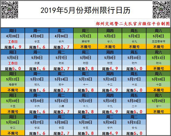 郑州5月份限行日历出炉 五一节休假4天不限号