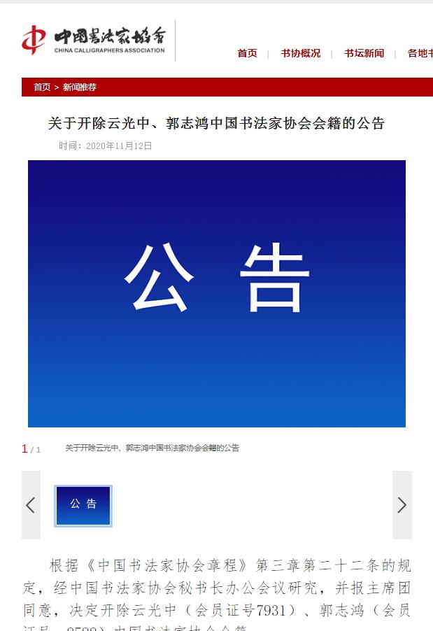 云光中郭志鸿被中国书法家协会开除会籍